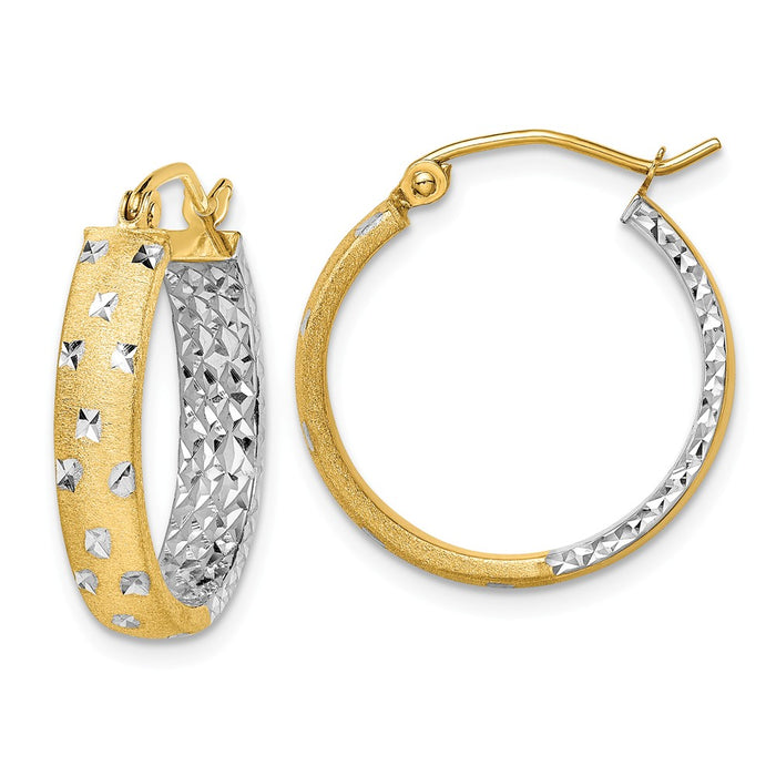 Million Charms 14k with Rhodium Satin & Polished & Diamond-cut In/Out Hoop Earrings, 4mm