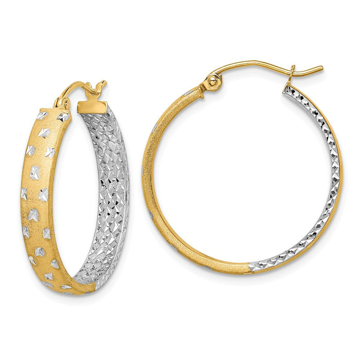 Million Charms 14k with Rhodium Polished & Diamond-cut In/Out Hoop Earrings, 4mm