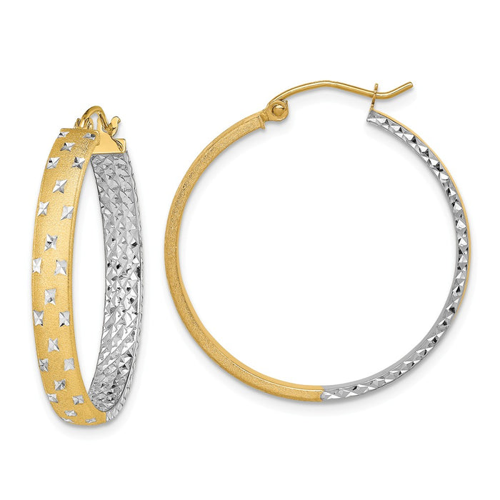 Million Charms 14k with Rhodium Polished & Diamond-cut In/Out Hoop Earrings, 4mm