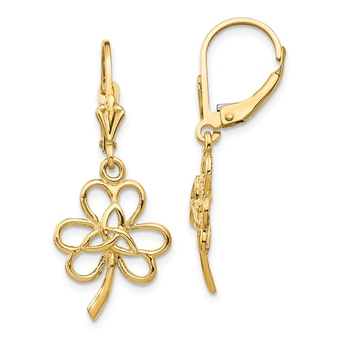 Million Charms 14k Yellow Gold Polished Clover Leverback Earrings, 32.95mm x 13.3mm