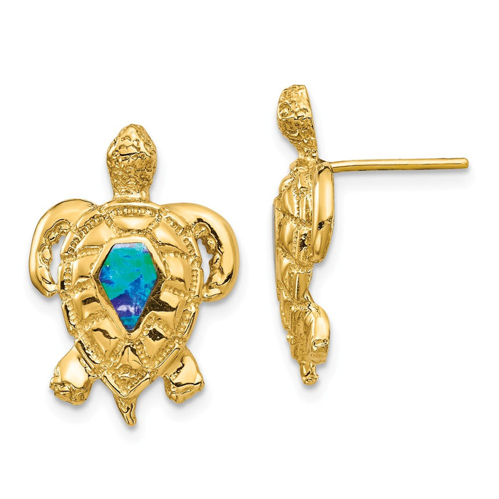 Million Charms 14k Yellow Gold Created Opal Turtle Post Earrings, 20.15mm x 13.93mm