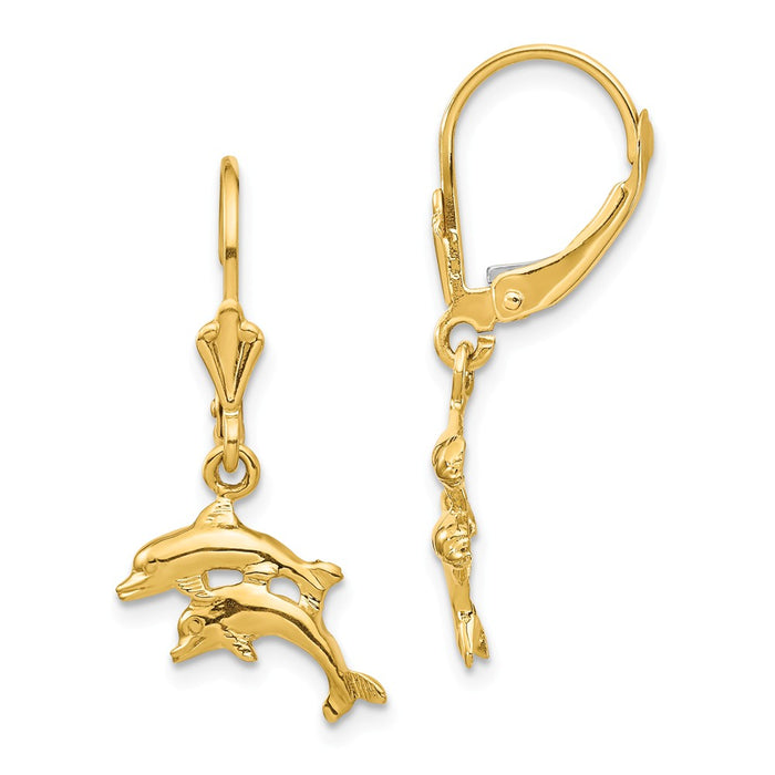Million Charms 14k Yellow Gold Polished Dolphin Leverback Earrings, 23.8mm x 10.7mm
