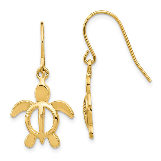 Million Charms 14k Yellow Gold Polished Turtle Dangle Earrings, 27.2mm x 14.57mm