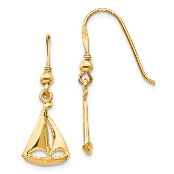 Million Charms 14k Yellow Gold Sailboat Shepherd Hook Earrings, 30.8mm x 9.7mm