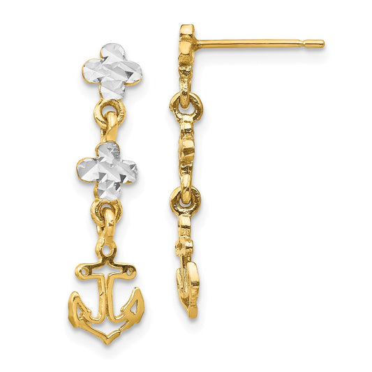 Million Charms 14K with Rhodium Polished & Diamond-Cut Anchor Dangle Post Earrings, 23.2mm x 6.5mm