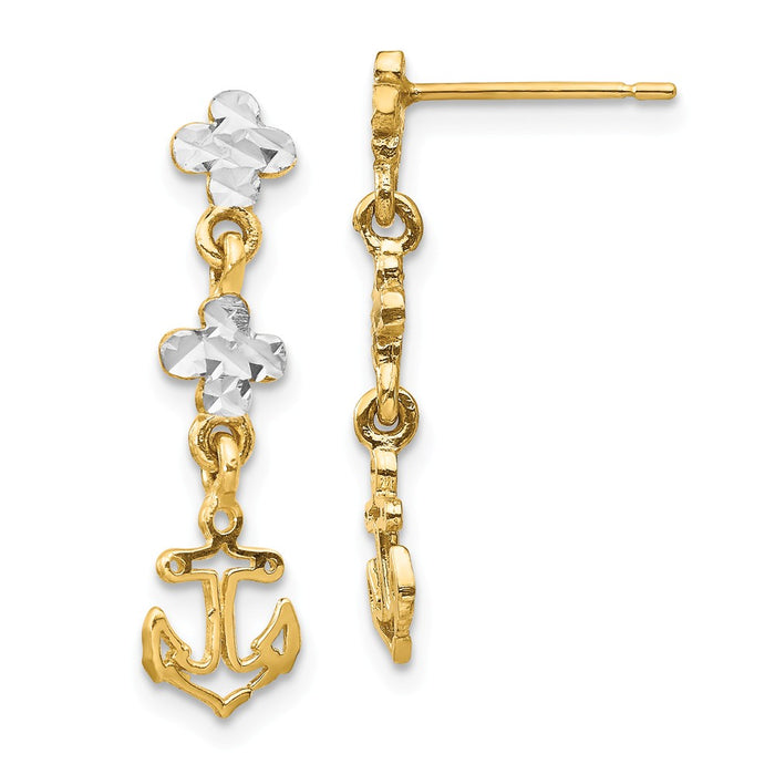 Million Charms 14K with Rhodium Polished & Diamond-Cut Anchor Dangle Post Earrings, 23.2mm x 6.5mm