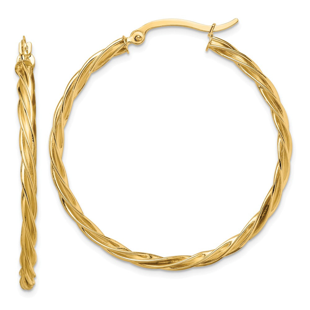 Million Charms 14k Yellow Gold Polished Twisted 2.5mm Hoop Earrings, 39.5mm x 38mm