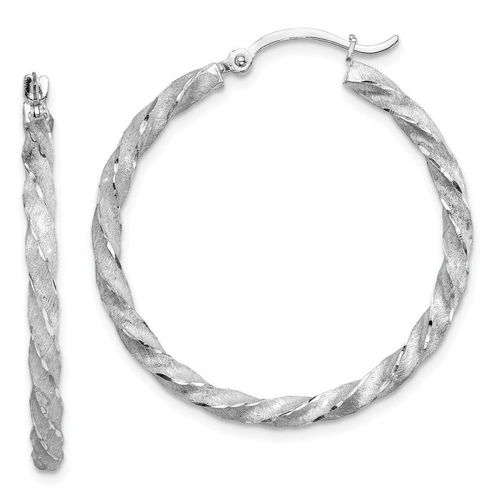 Million Charms 14K White Gold Twisted Satin Diamond-Cut Hoop Earrings, 33.5mm x 32.25mm