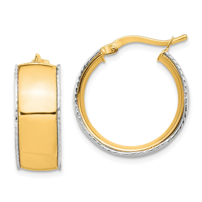 Million Charms 14K Yellow & White Gold 8x19mm Diamond-Cut Edge Hoop Earrings, 20.38mm x 19.37mm