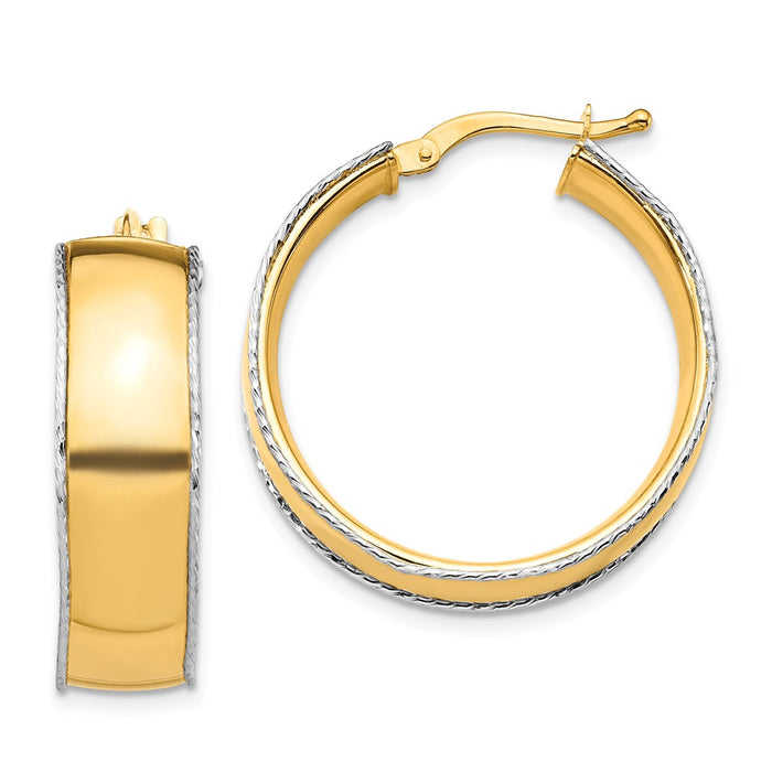 Million Charms 14K Yellow & White Gold 8x25mm Diamond-Cut Edge Hoop Earrings, 27.25mm x 25.53mm