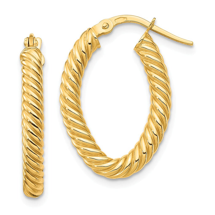 Million Charms 14k Yellow Gold Small 3mm Textured Oval Hoop Earrings, 22.18mm x 14.97mm