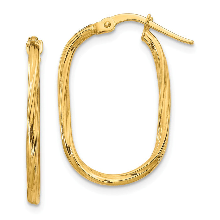 Million Charms 14k Yellow Gold Small 2x2mm Textured Oval Hoop Earrings, 23.38mm x 15.72mm