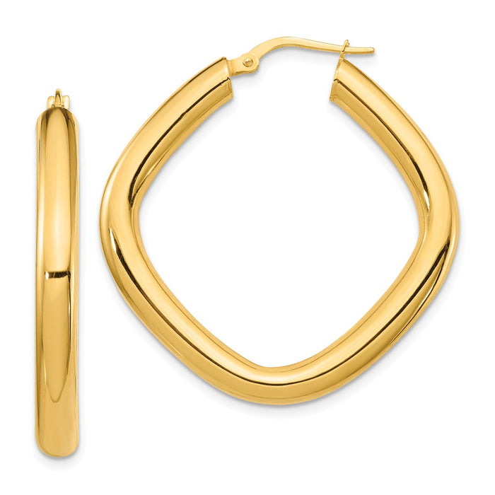 Million Charms 14k Yellow Gold Large 2x4mm Thick Round Tube Square Shape Hoop Earrings, 34.82mm x 33.54mm