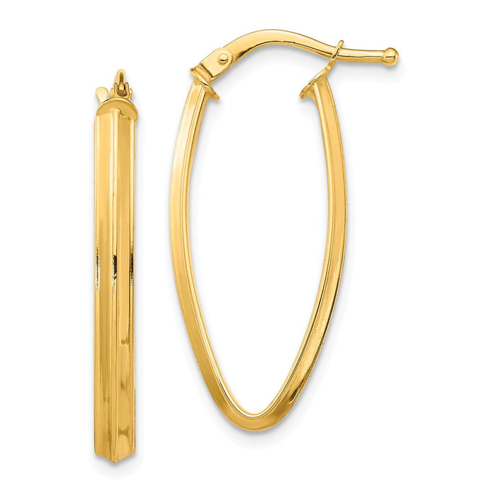 Million Charms 14k Yellow Gold Small 2x2mm Pointed Oval Hoop Earrings, 28.77mm x 12.41mm