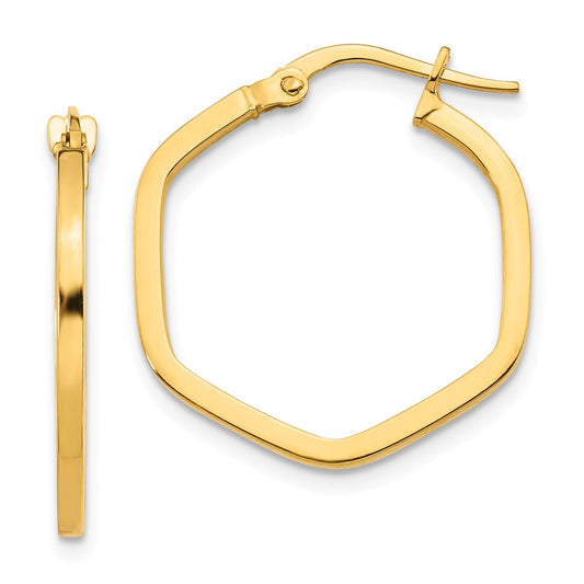 Million Charms 14k Yellow Gold 2x2mm Square Tube Hexagon Hoop Earrings, 22.7mm x 21.84mm