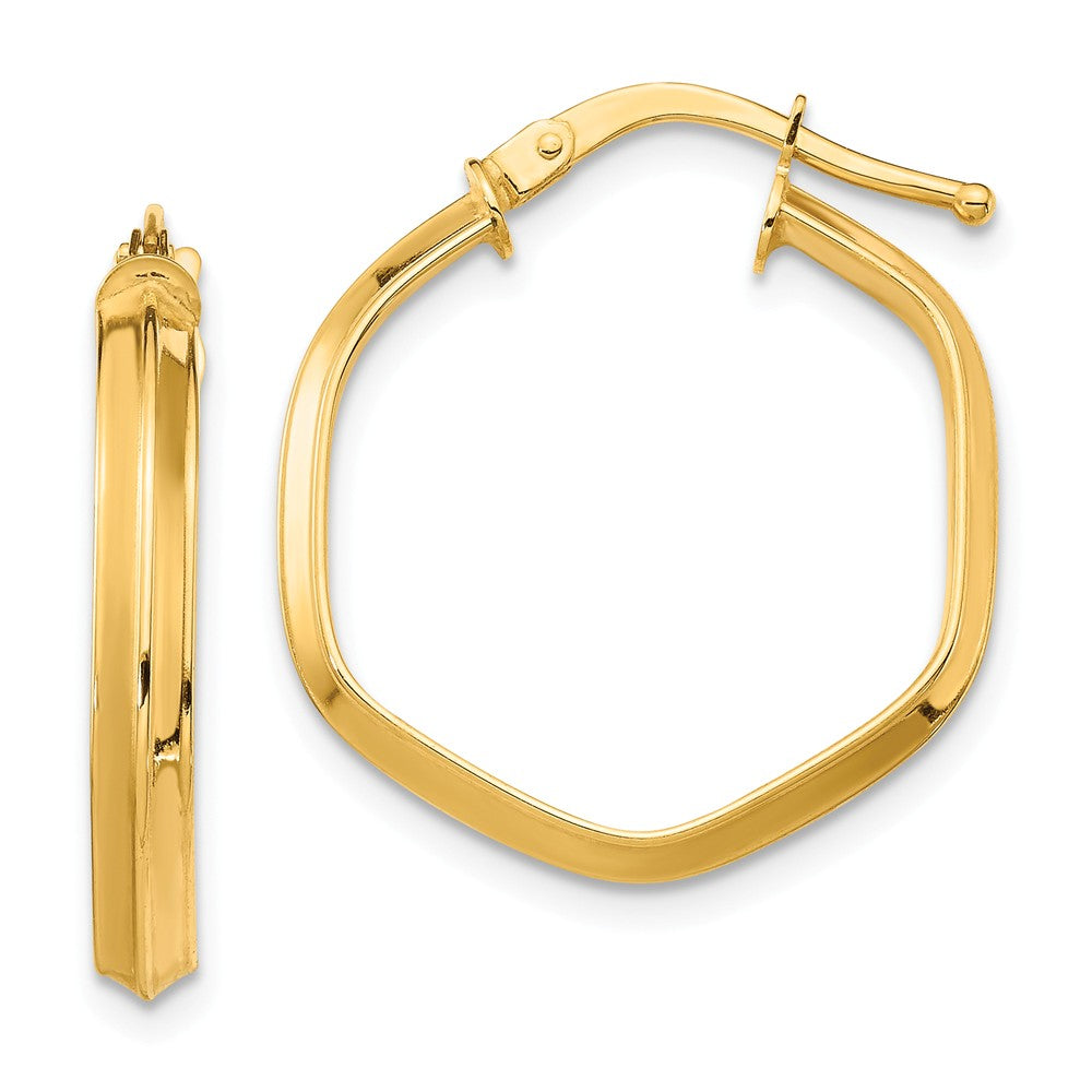 Million Charms 14k Yellow Gold 3x1mm Knife Edge Hexagon Hoop Earrings, 22.65mm x 20.67mm