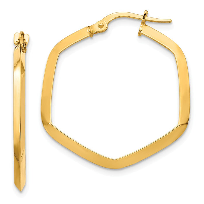 Million Charms 14k Yellow Gold 2x2mm Knife Edge Hexagon Hoop Earrings, 26.72mm x 25.05mm
