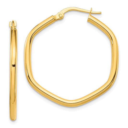 Million Charms 14k Yellow Gold 2x2mm Round Tube Hexagon Hoop Earrings, 28.6mm x 28.25mm