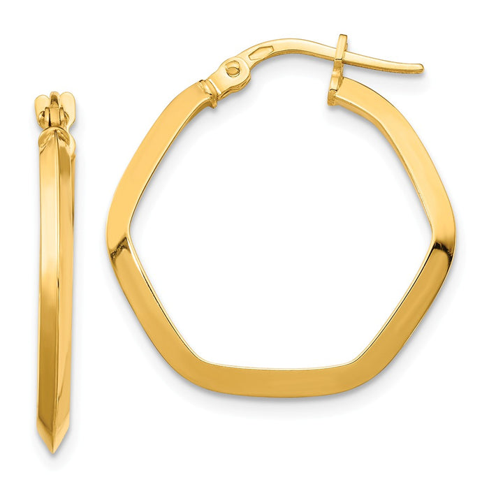 Million Charms 14k Yellow Gold Small 2x2mm Knife Edge Hexagon Hoop Earrings, 22.19mm x 22.05mm