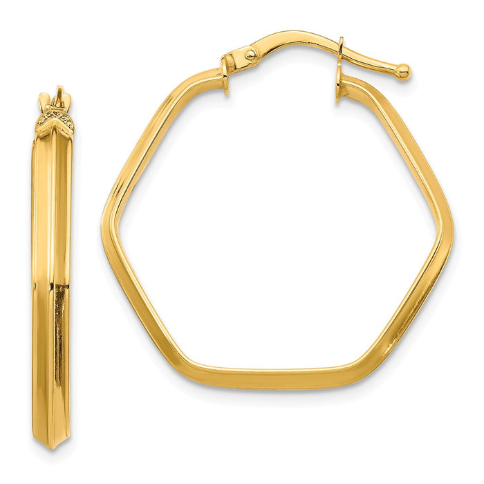 Million Charms 14k Yellow Gold 3x2mm Knife Edge Hexagon Hoop Earrings, 27.79mm x 26.83mm