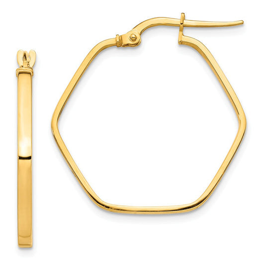 Million Charms 14k Yellow Gold 2x1mm Square Tube Hexagon Hoop Earrings, 26.44mm x 26.04mm