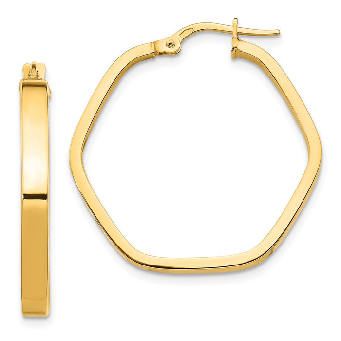 Million Charms 14k Yellow Gold 3x2mm Square Tube Hexagon Hoop Earrings, 27.5mm x 27.47mm
