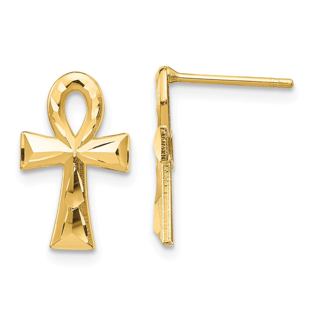 Million Charms 14k Yellow Gold Ankh Cross Post Earrings, 14.64mm x 9mm
