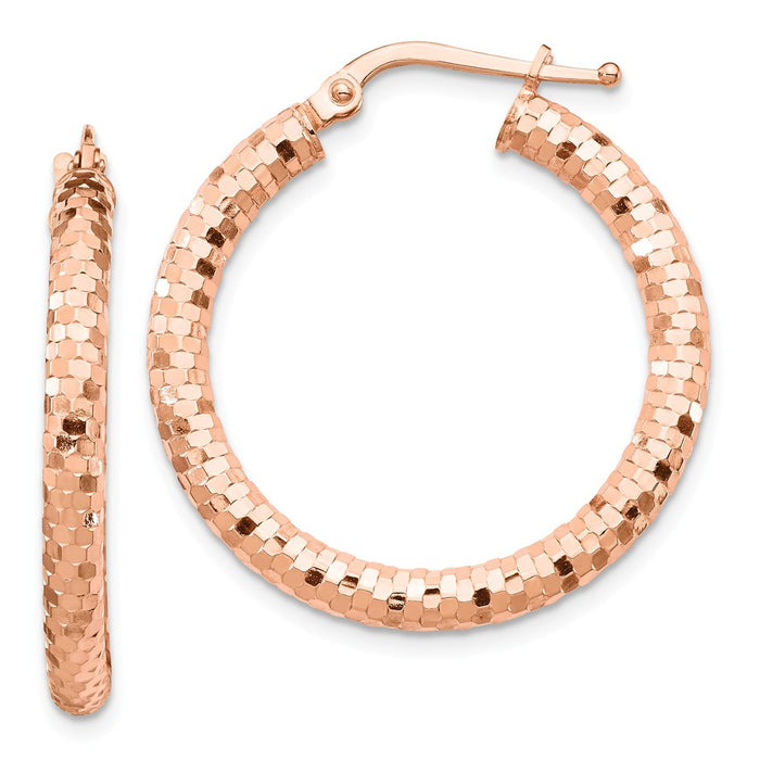 Million Charms 14k Rose Gold 3x20mm Diamond-cut Hoop Earrings, 28.38mm x 20mm