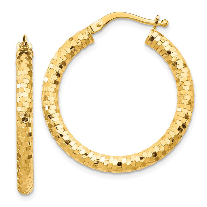 Million Charms 14k Yellow Gold 3x20mm Diamond-cut Hoop Earrings, 28.38mm x 20mm