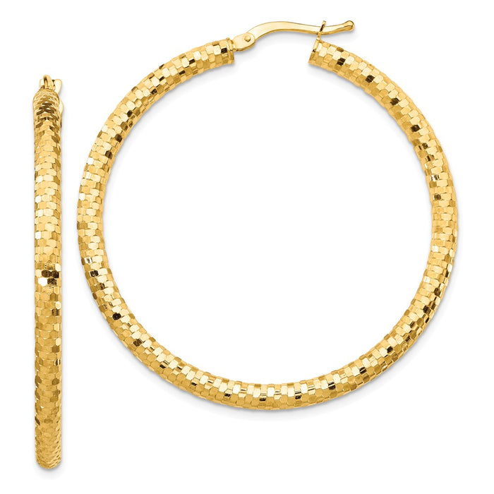 Million Charms 14k Yellow Gold 3x35mm Diamond-cut Hoop Earrings, 45mm x 35mm