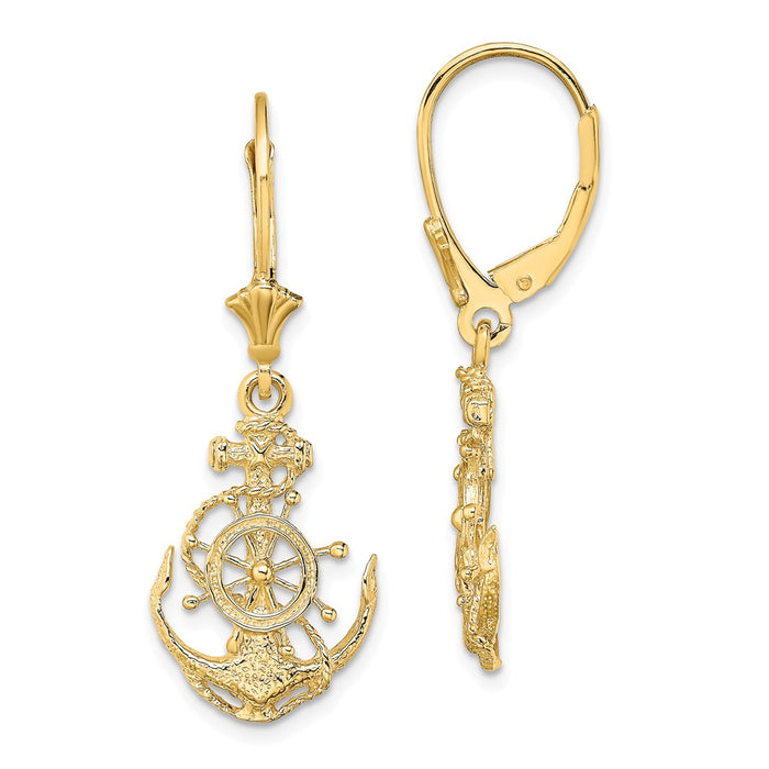 Million Charms 14k Yellow Gold 2-D Anchor & Wheel Leverback Earrings,