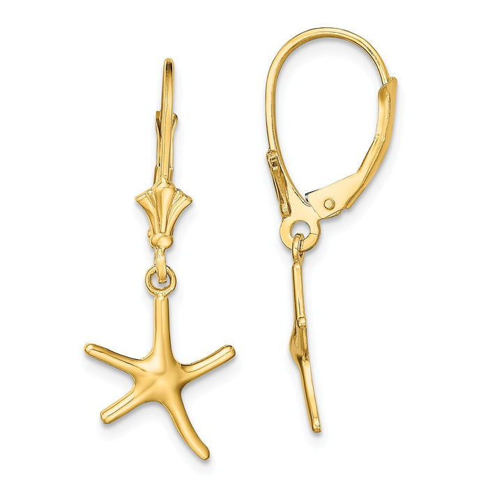 Million Charms 14k Yellow Gold MINI DANCING STARFISH LEVERBACK EARRINGS (2of2), 26.5mm x 10.6mm