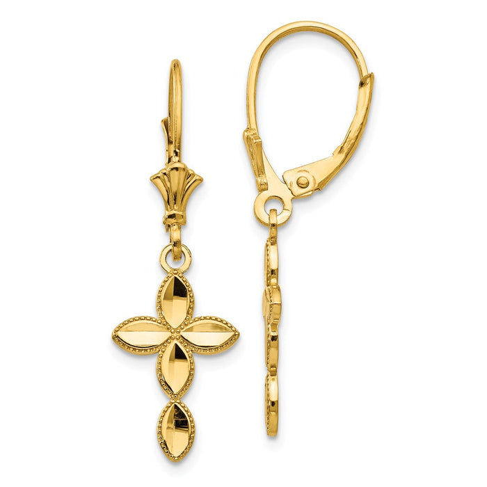 Million Charms 14k Yellow Gold Diamond-Cut Cross Leverback Earrings, 34mm x 10.57mm
