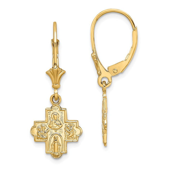 Million Charms 14k Yellow Gold Small Catholic Medal Cross Leverback Earrings, 12.3mm x 11.2mm