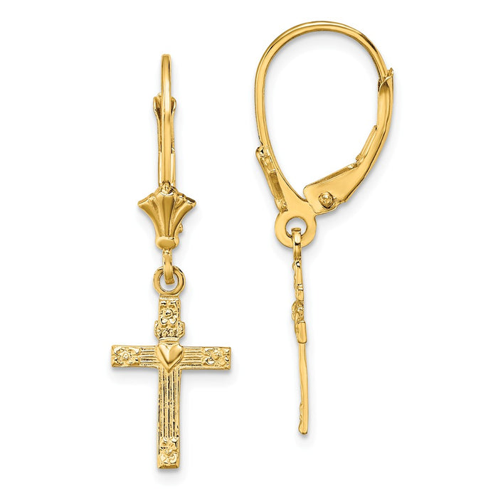 Million Charms 14k Yellow Gold Textured Heart In Cross Leverback Earrings, 30.3mm x 8.9mm