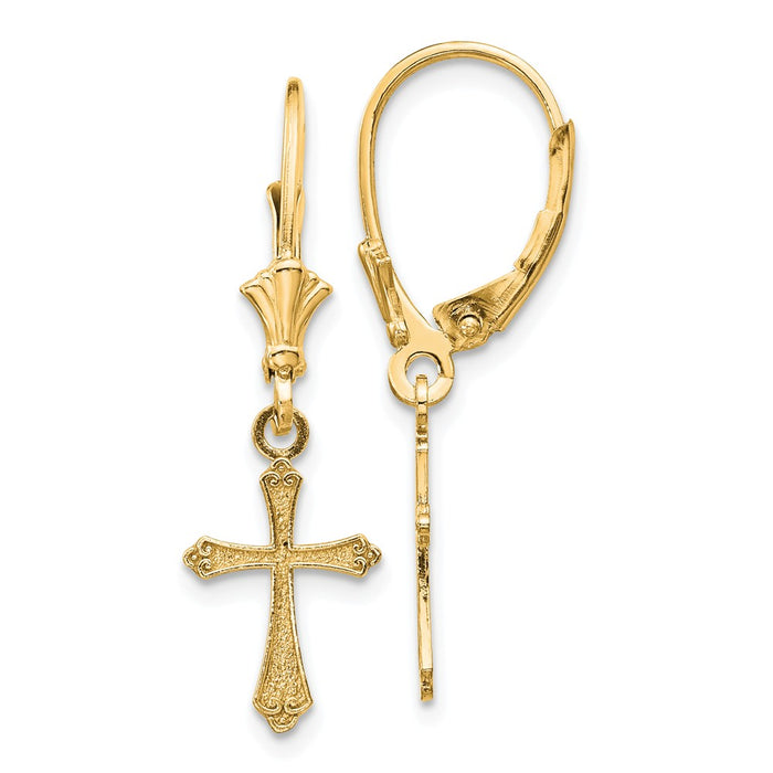 Million Charms 14k Yellow Gold Cross Leverback Earrings, 29.62mm x 9mm