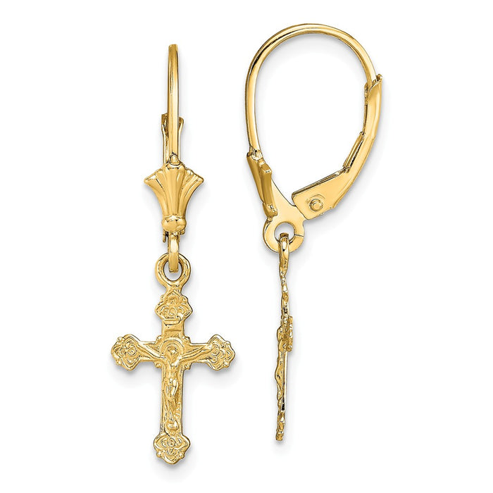 Million Charms 14k Yellow Gold Crucifix Leverback Earrings, 30.3mm x 9mm