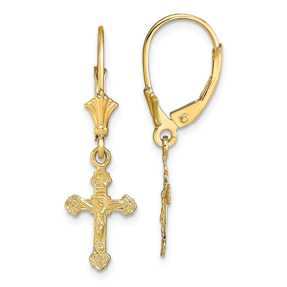 Million Charms 14k Yellow Gold Crucifix Leverback Earrings, 30.3mm x 9mm
