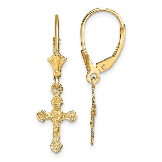 Million Charms 14k Yellow Gold Crucifix Leverback Earrings, 30.3mm x 9mm