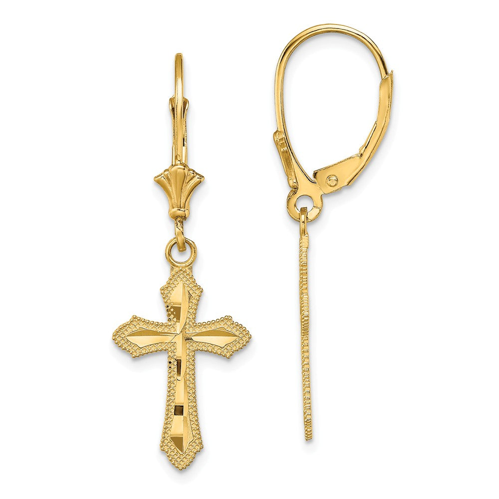 Million Charms 14k Yellow Gold Diamond-Cut Cross with Beaded Edge Leverback Earrings, 35.1mm x 11.8mm