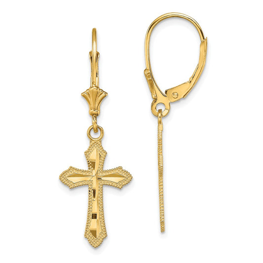 Million Charms 14k Yellow Gold Diamond-Cut Cross with Beaded Edge Leverback Earrings, 35.1mm x 11.8mm