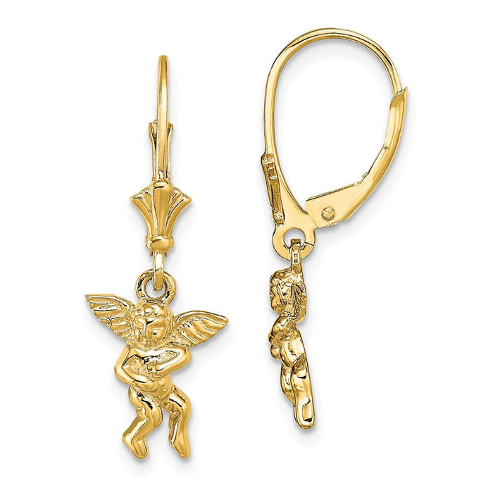 Million Charms 14k Yellow Gold Angel Leverback Earrings, 28.5mm x 10.2mm