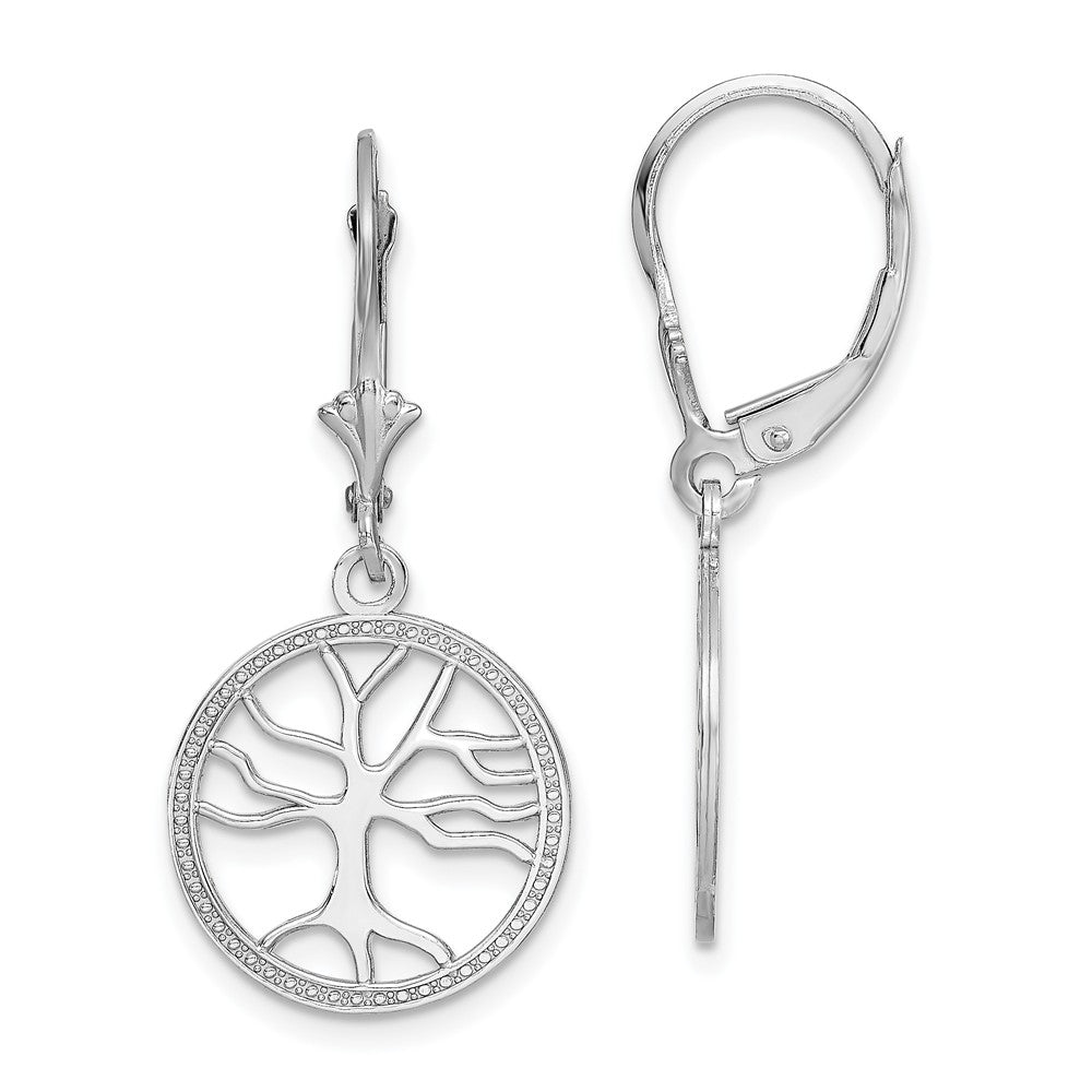 Million Charms 14K White Gold Tree of Life In Round Frame Leverback Earrings, 32.5mm x 15mm