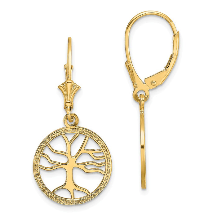 Million Charms 14k Yellow Gold Tree of Life In Round Frame Leverback Earrings, 32.5mm x 15mm