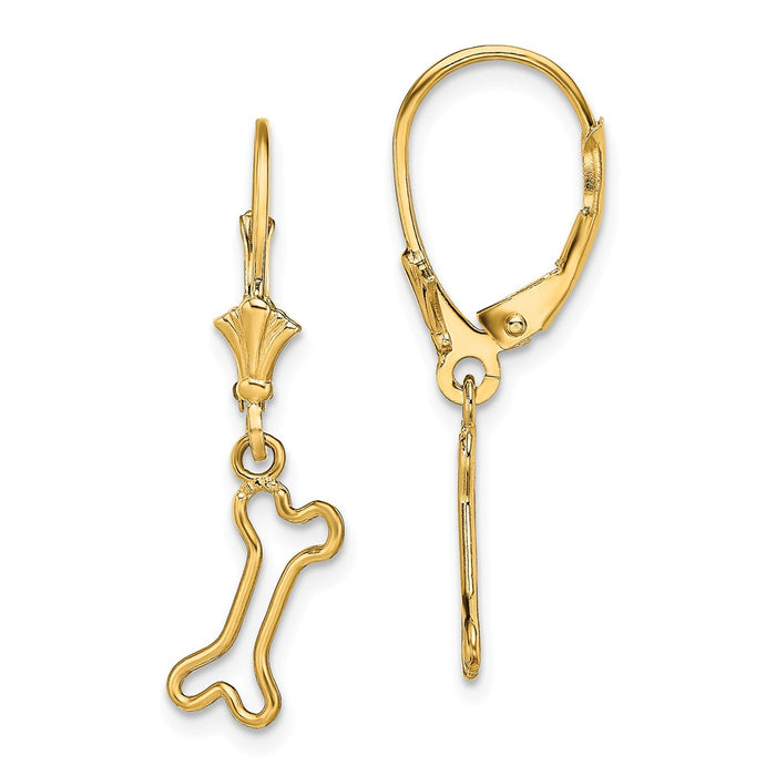 Million Charms 14k Yellow Gold Mini Dog Bone Leverback Earrings, 29.7mm x 5.8mm