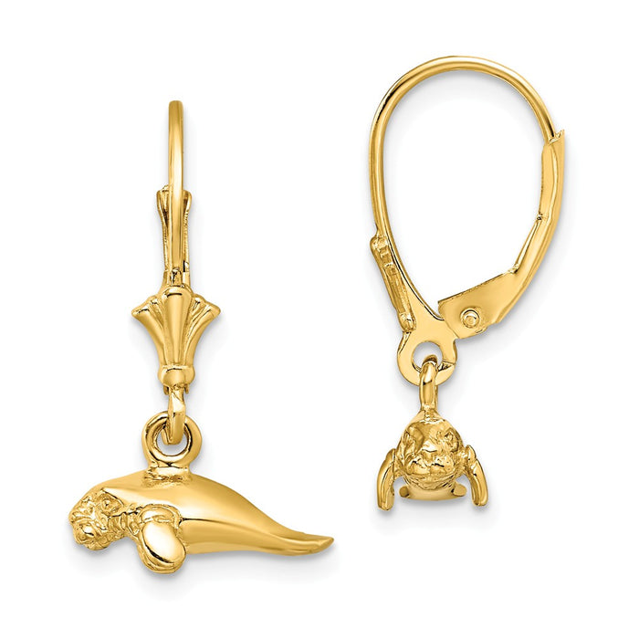 Million Charms 14k Yellow Gold 3-D Polished Mini Manatee Leverback Earrings, 22.85mm x 12.75mm