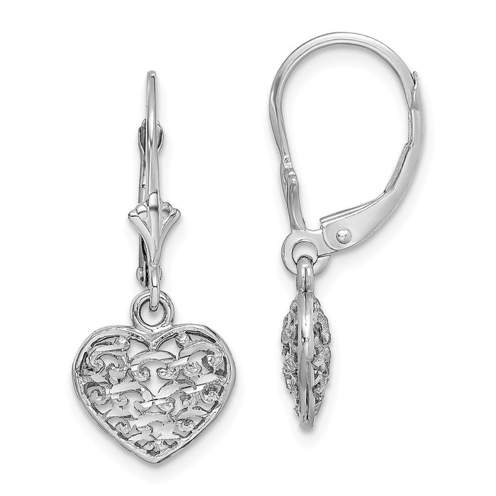 Million Charms 14K White Gold 3-D Mini Diamond-Cut Puffed Heart Leverback Earrings, 25.8mm x 10.7mm