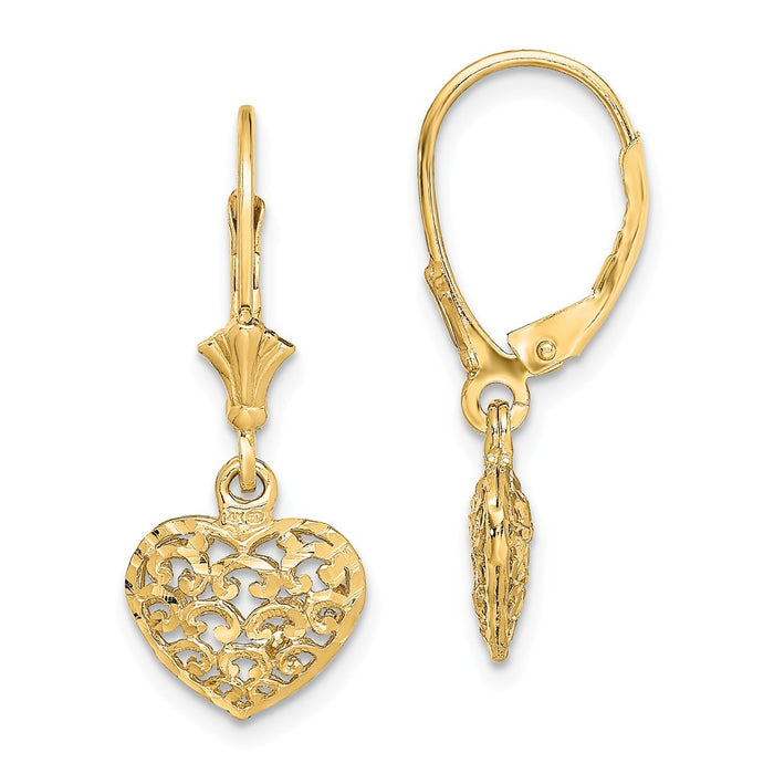 Million Charms 14k Yellow Gold 3-D MINI Diamond-Cut PUFFED HEART / LEVERBACK EARRINGS, 36.3mm x 21.2mm