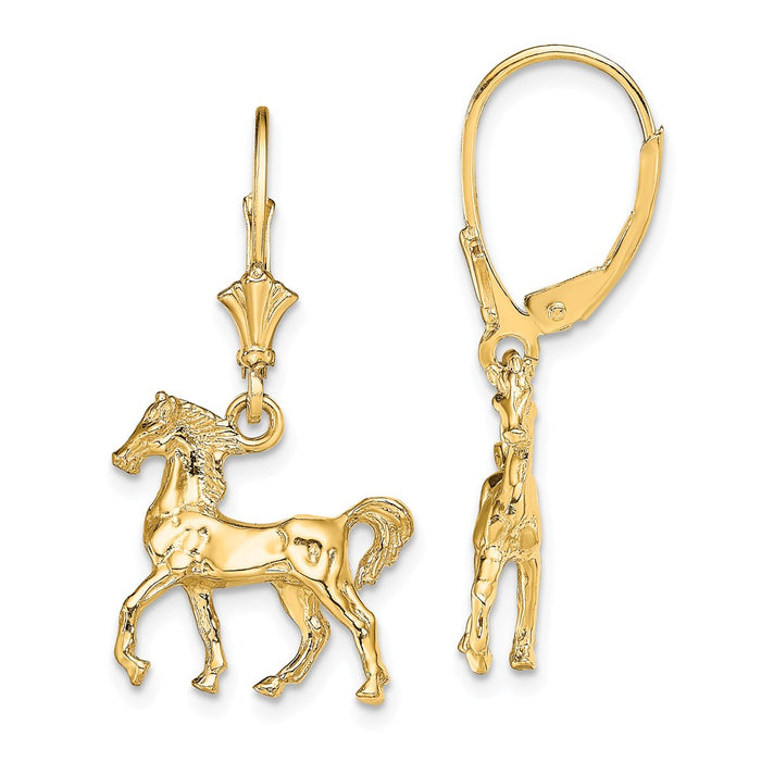 Million Charms 14k Yellow Gold 3-D & Polished Leverback Horse Earrings, 31.2mm x 15.8mm