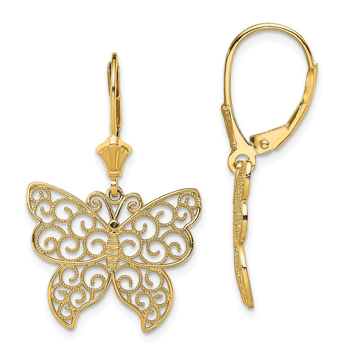 Million Charms 14k Yellow Gold Butterfly with Beaded Filigree Wings Leverback Earrings, 32.6mm x 20.3mm